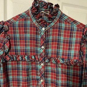 Vintage Sears Fashion Place Ruffled Plaid Blouse Shirt Prairie 16 Puff Sleeve